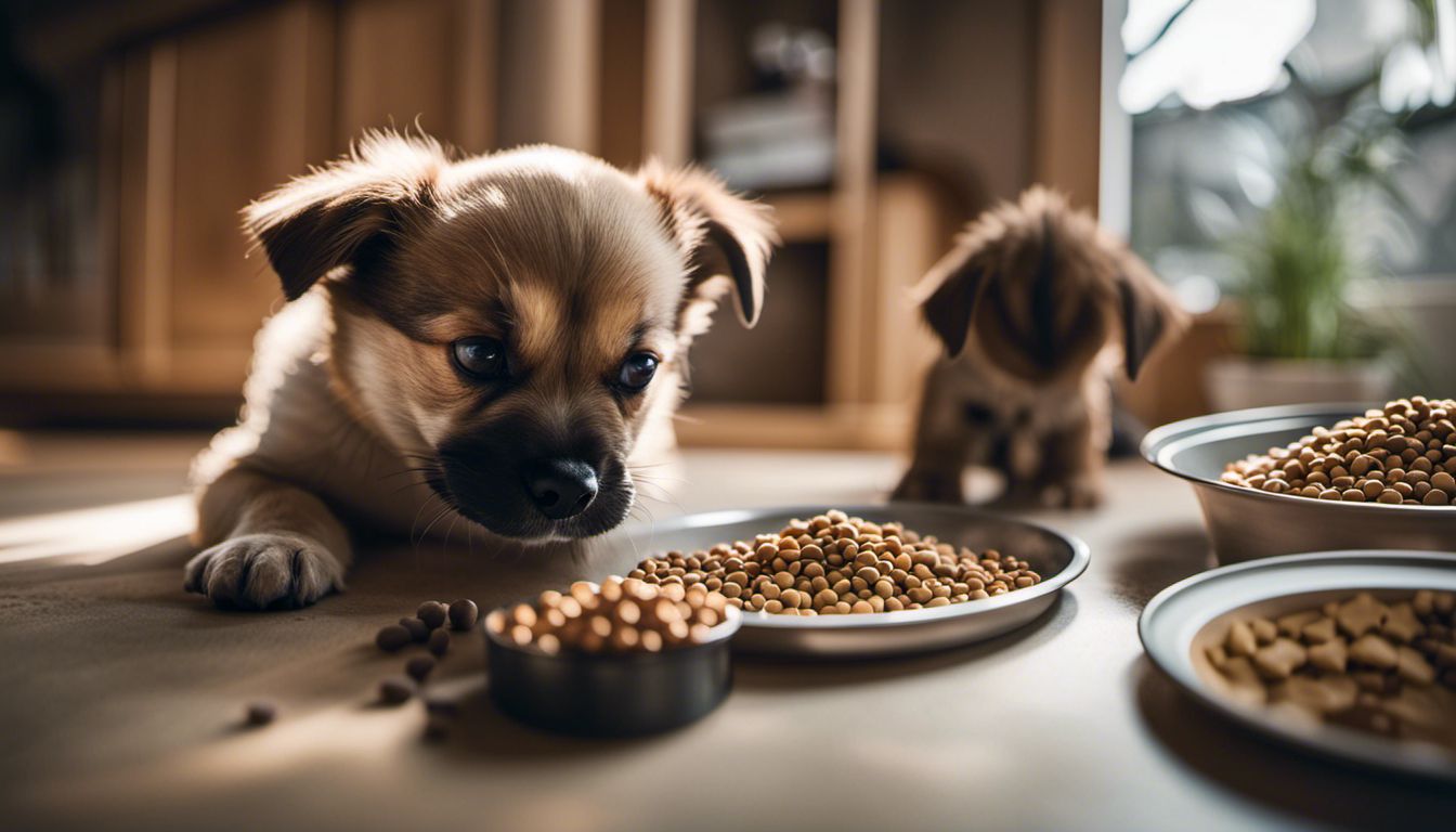 A close-up of a puppy happily eating from a bowl surrounded by various brands of puppy food. A close-up of a puppy happily eating from a bowl surrounded by various brands of puppy food.