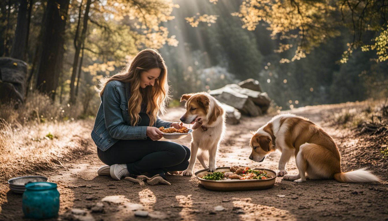 A diverse group of dog owners feeding their pets a nutritious meal in a well-lit and bustling environment. A diverse group of dog owners feeding their pets a nutritious meal in a well-lit and bustling environment.