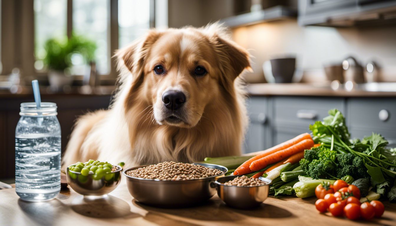 A bowl of plain dog food surrounded by fresh vegetables, with a water bowl nearby. A bowl of plain dog food surrounded by fresh vegetables, with a water bowl nearby.
