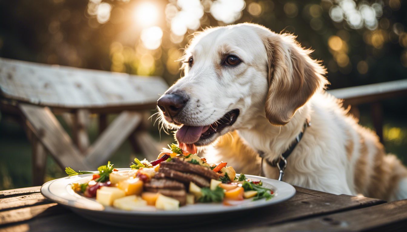A happy dog eating a healthy meal, with various people of different ethnicities, hair styles, and outfits in the background. A happy dog eating a healthy meal, with various people of different ethnicities, hair styles, and outfits in the background.
